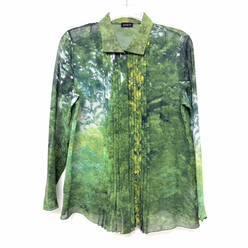 Akris Tree Forest Print Silk Chiffon Blouse Top Pleated Green Foliage Floral 8